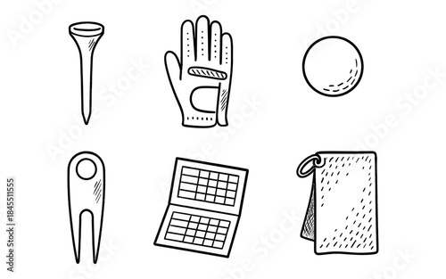 Collection of hand-drawn golf equipment icons on a white background