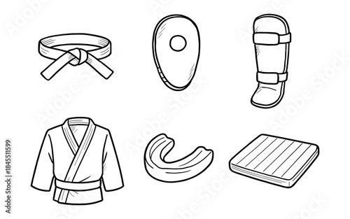 Martial arts equipment and uniform elements in a simple line drawing style