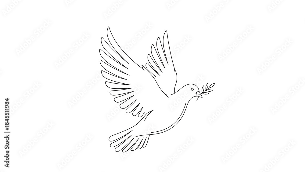 Obraz premium Elegant black and white outline illustration of a dove in flight, gracefully carrying an olive branch, symbolizing peace and hope.