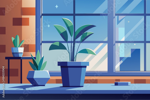 Modern interior with potted houseplants on windowsill and table, large window view of city buildings and blue sky in flat minimal style
