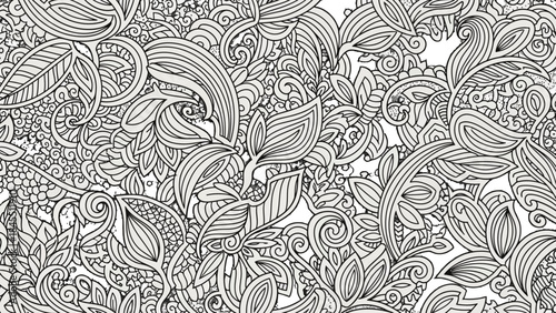 Ornate Black and White Paisley Swirls and Floral Elements Intricate Seamless Pattern on Isolated White Background, Decorative Indian Art Style
