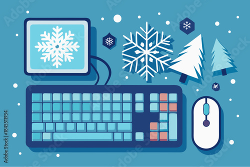 Winter-themed computer workspace with keyboard, monitor, mouse, snowflakes and pine trees in flat modern illustration style
