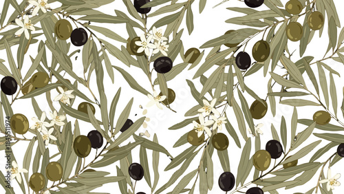 Mediterranean Olive Branches with Olives and Blossoms Seamless Pattern on Isolated White Background, Healthy Food Ingredient Design