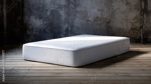 White mattress resting on a rustic wooden floor against a textured concrete wall, creating a simple, minimalist, and serene bedroom environment for sleep and relaxation