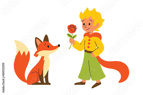 The little prince, the fox, the rose from the classic story, perfect for literary themes, vector illustartion
