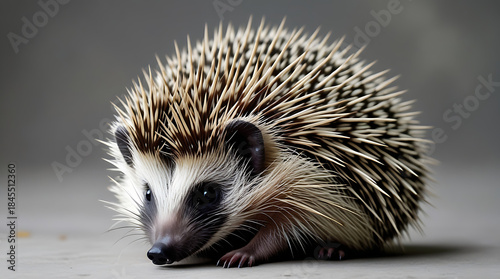  young hedgehog (hoglet) with spiny quills and a pointed pink nose rests on a pale surface, facing right, HD and 4k image