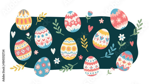 A vibrant illustration of numerous decorated Easter eggs with floral and heart patterns on a dark background, celebrating the holiday.