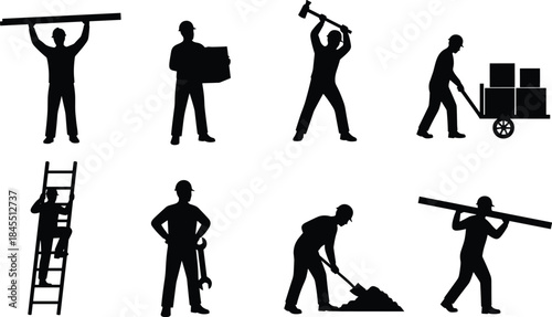 Silhouette construction workers performing labor tasks including lifting, carrying, digging, climbing, hammering, and transporting materials, representing 