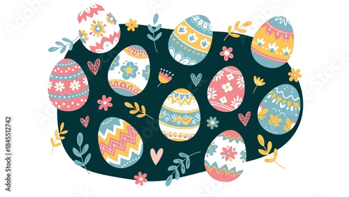 Colorful decorated Easter eggs with floral patterns and hearts on a dark background, perfect for spring and holiday themes.