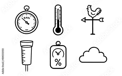 Collection of weather icons including rain gauge, thermometer, and weathervane