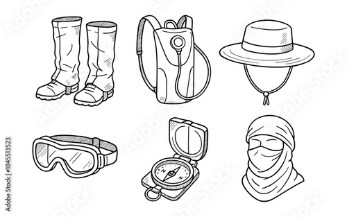 Hand-drawn outdoor adventure gear including boots, backpack, hat, goggles, compass, and face covering