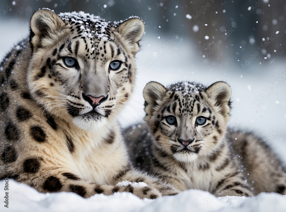 Fototapeta premium Snow leopard mother and cub under winter snow