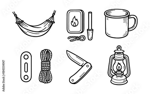 Collection of hand-drawn camping and survival gear icons in a simple line art style