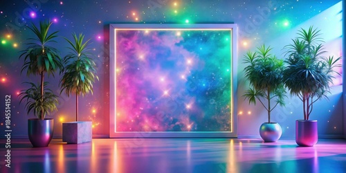 Serene cosmic interior design featuring vibrant nebula artwork, illuminated by soft ambient lighting, complemented by lush potted plants, creating a tranquil and futuristic atmosphere.