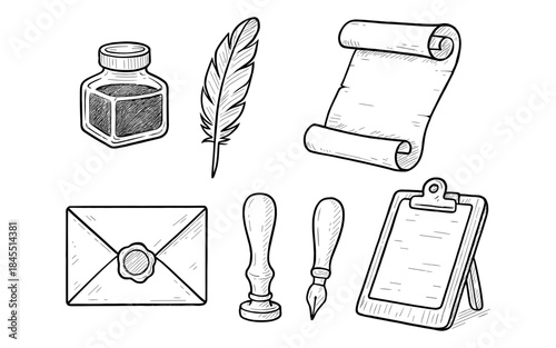 Vintage writing tools and stationery elements in a hand-drawn sketch style