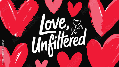 High contrast black backdrop with bold red hearts and love unfiltered text
