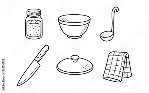 Simple hand-drawn kitchen utensils and cooking essentials in a clean line art style