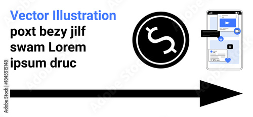 Digital payments, online transactions, fintech, financial technology, e-commerce, mobile apps. Currency symbol and smartphone with social media interface. Digital payments and online transactions