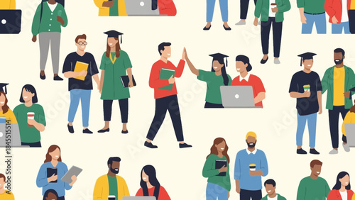 Diverse student pattern showcasing graduation, study, and social interaction