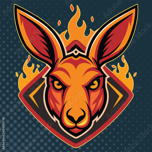 A fierce kangaroo mascot with flames engulfing its head, set against a dark, dotted background within a shield emblem. This illustration evokes power and intensity.