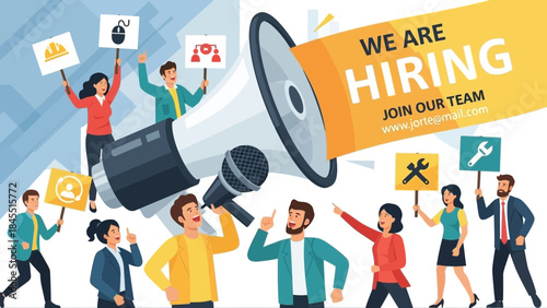 Diverse team is announcing job openings with a megaphone and signs illustration