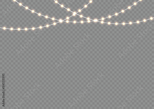 Warm White Glowing String Lights in Curved Festive Arrangement on Transparent Background