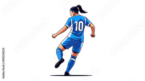 Illustration of female soccer player in action wearing a blue uniform number 10