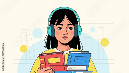 Illustration of a Young Woman Wearing Headphones and Holding Books for Educational Purpose