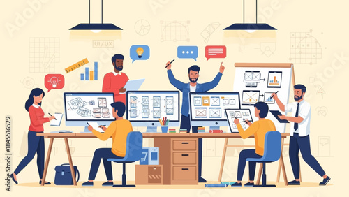 Illustrative collaborative team working on ui/ux design in modern office space