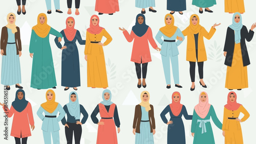 Illustrative pattern featuring a diverse group of women wearing traditional hijabs