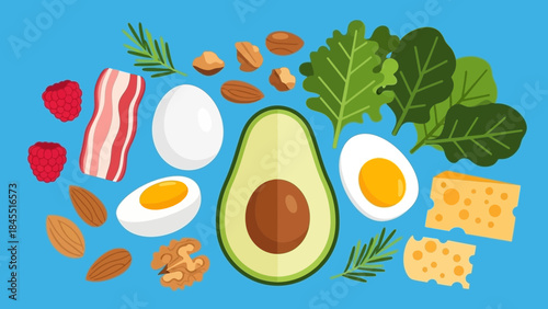 Ketogenic diet foods illustration, including avocado, egg, bacon, cheese and nuts