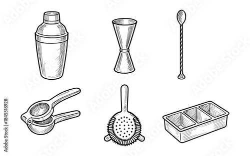 Collection of hand-drawn cocktail bar tools including shaker, jigger, strainer, and citrus press