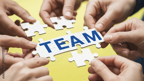 Teamwork concept shown by hands assembling puzzle pieces with the word team