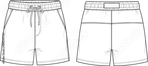 Technical Flat Sketch of Shorts Showing Front and Back Views with Elastic Waistband, Drawstring, Pockets, and Stitching Details