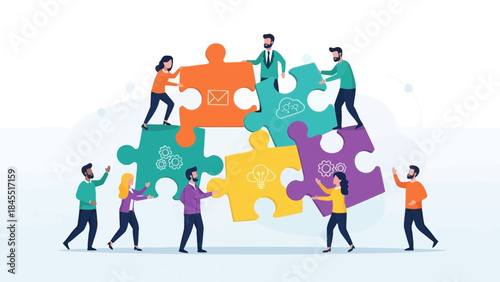 Teamwork illustration, people assembling a puzzle representing collaboration and solutions