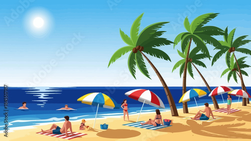 Tropical beach scene with palm trees, sunbathers, and ocean activities illustration