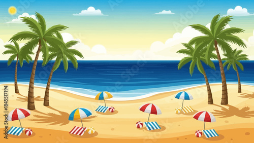 Tropical Beach Scene with Palm Trees, Umbrellas, and Ocean View illustration