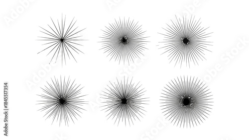 Abstract starburst patterns in black and white against a clean white background