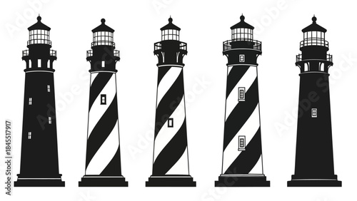 Black and white lighthouse illustrations nautical navigation and coastal design