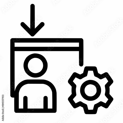 Line icon of a person with downward arrow and gear — role elimination, black on white, square minimalist style