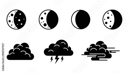 Black and white moon phases and cloud icons on a white background