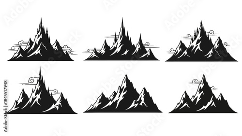 Black and white mountain range silhouettes with clouds vector illustration