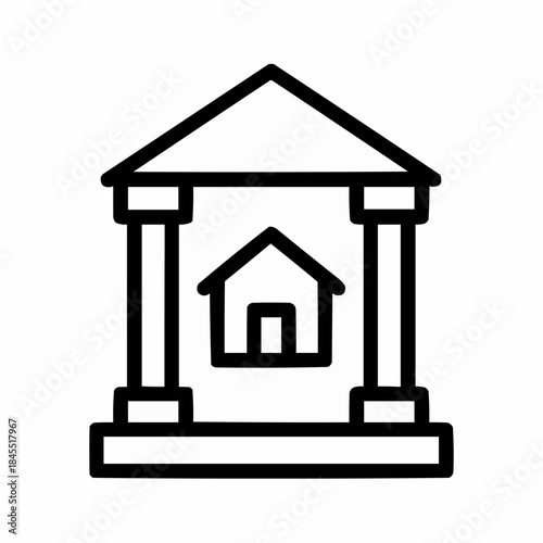 Line icon of a bank building with house icon — mortgage lender, black on white, square minimalist style