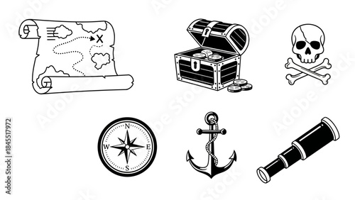 Black and white pirate symbols treasure map chest skull compass anchor
