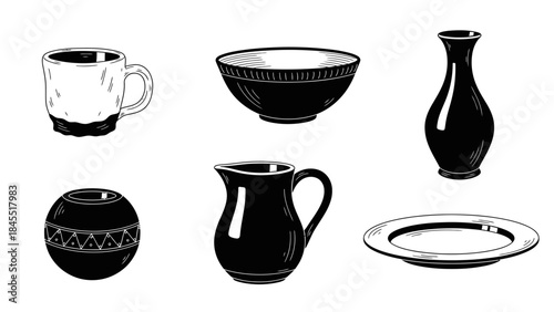 Black and white tableware illustration set cup bowl vase jug plate
