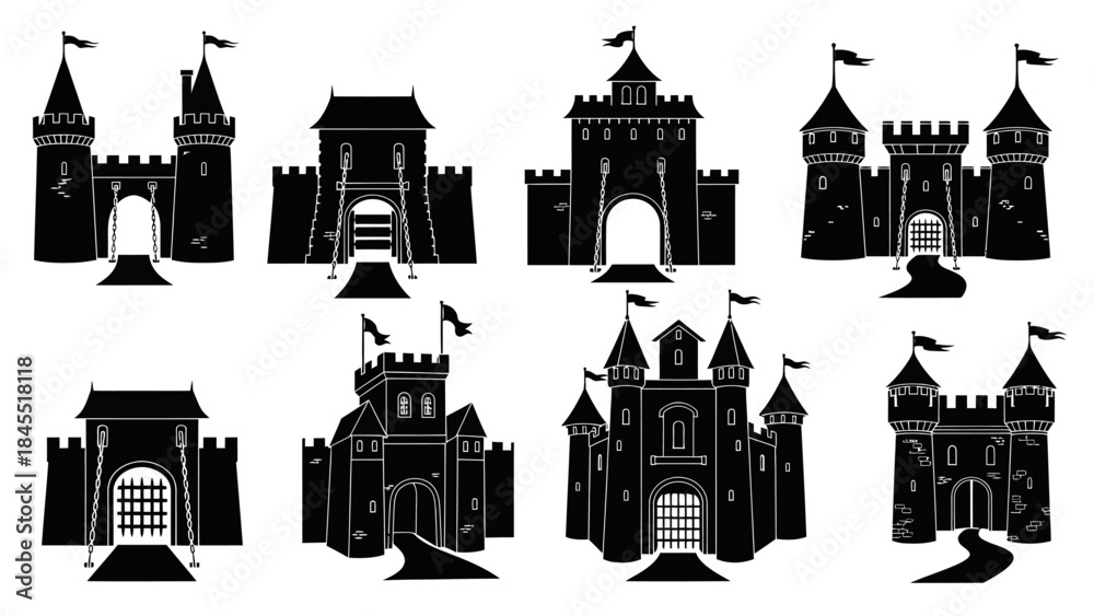 Obraz premium Black castle silhouettes set against white background for architectural design