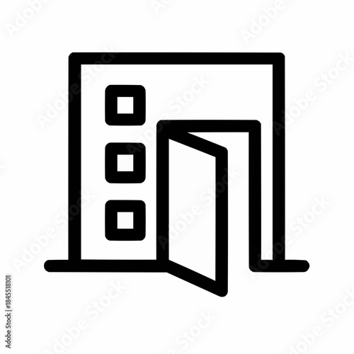 Line icon of a building with open door — transition support, black on white, square minimalist style