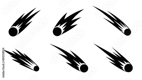 Black comet icons on white background conceptual illustrations for design