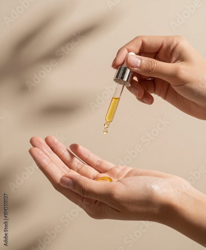 Hands hold a dropper over a palm, allowing a golden-yellow oil drop to fall against a soft beige background. Ideal for luxury beauty blogs, serum packaging mockups, and natural cosmetics advertising.