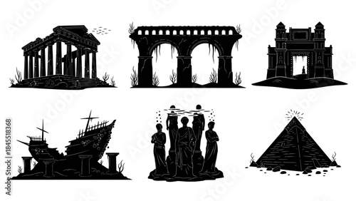 Black silhouette images of historic structures depicting ancient architectural elements